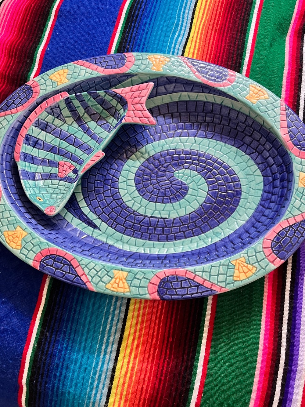 Vintage 1995 Mosaic Fish Clay Art Platter Set